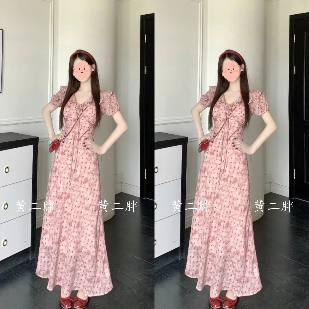 法式扎染粉色V领波点连衣裙女气质收腰显瘦中长款裙2025夏季新款