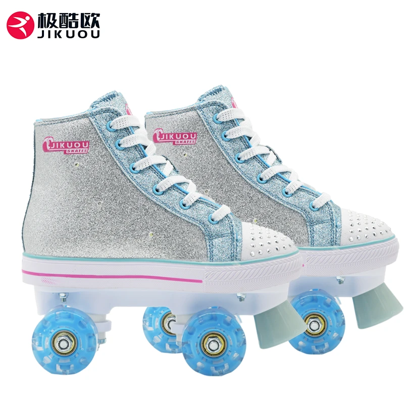 JIKUOU/极酷欧成人儿童休闲溜冰鞋帆布轮滑鞋双排发光亮闪鞋身