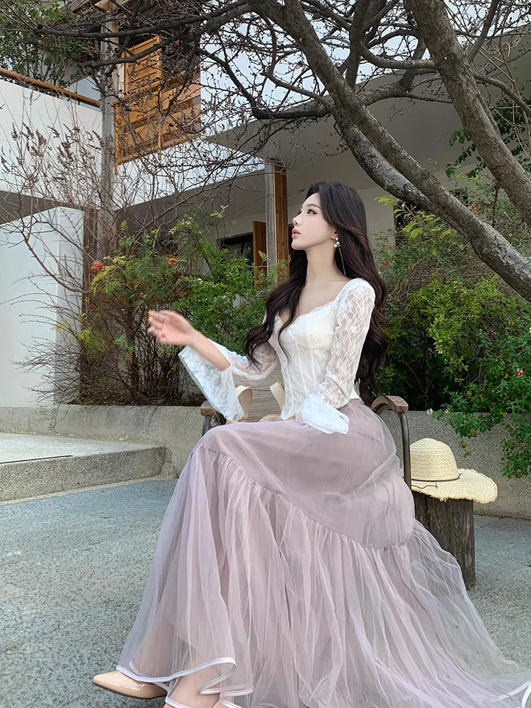 175高个子小众独特压褶流光烟紫色网纱长款蛋糕半身裙女春夏季