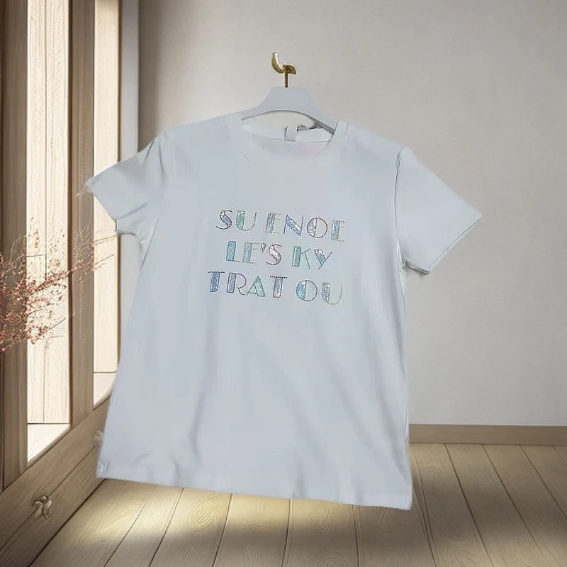 夏季短信新款重工高级感T恤衫显瘦白搭女士上衣83612#