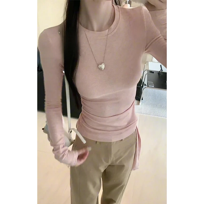YIDENG独特别致粉色系带长袖t恤女2025早秋抽褶修身正肩百搭上衣