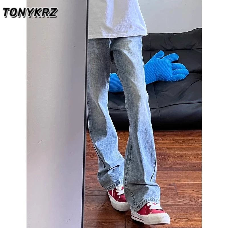 TONYKRZ美式高街浅蓝色微喇牛仔裤男款水洗宽松直筒修身长裤子潮