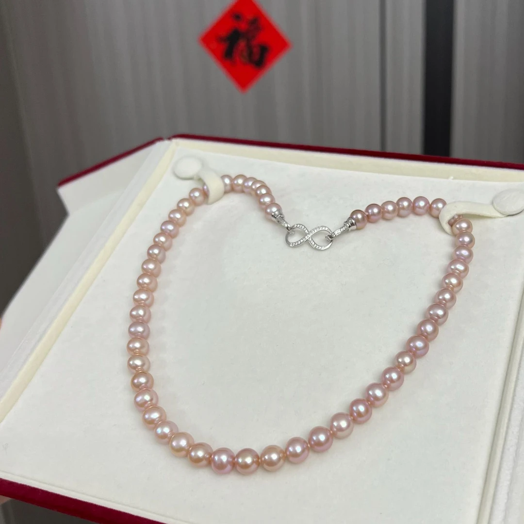 上新！无核桃花粉8-9mm近完美无瑕近正圆珍珠项链，无敌温柔~