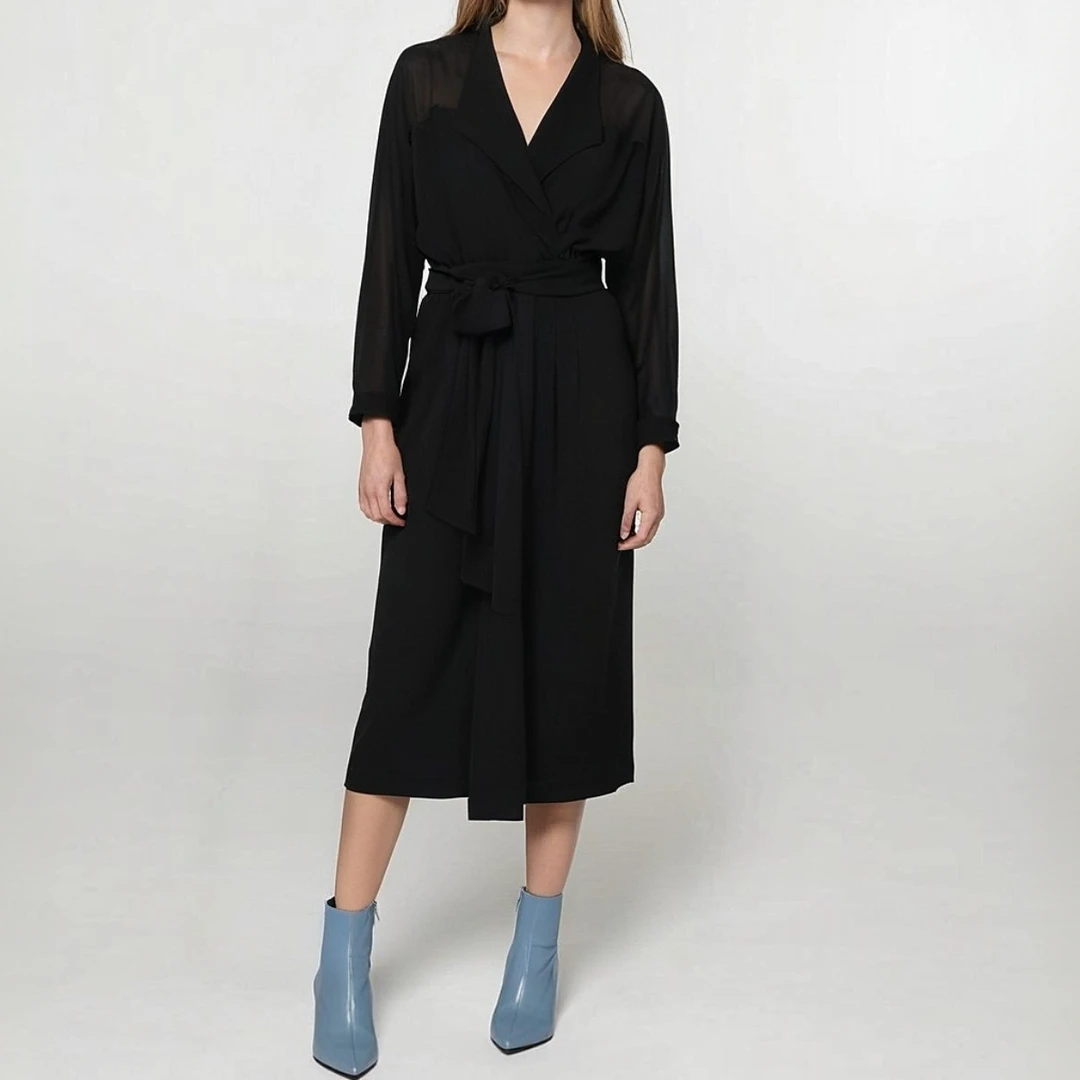 森系束绳复古见详情长裙小香风长袖通勤双色连衣裙