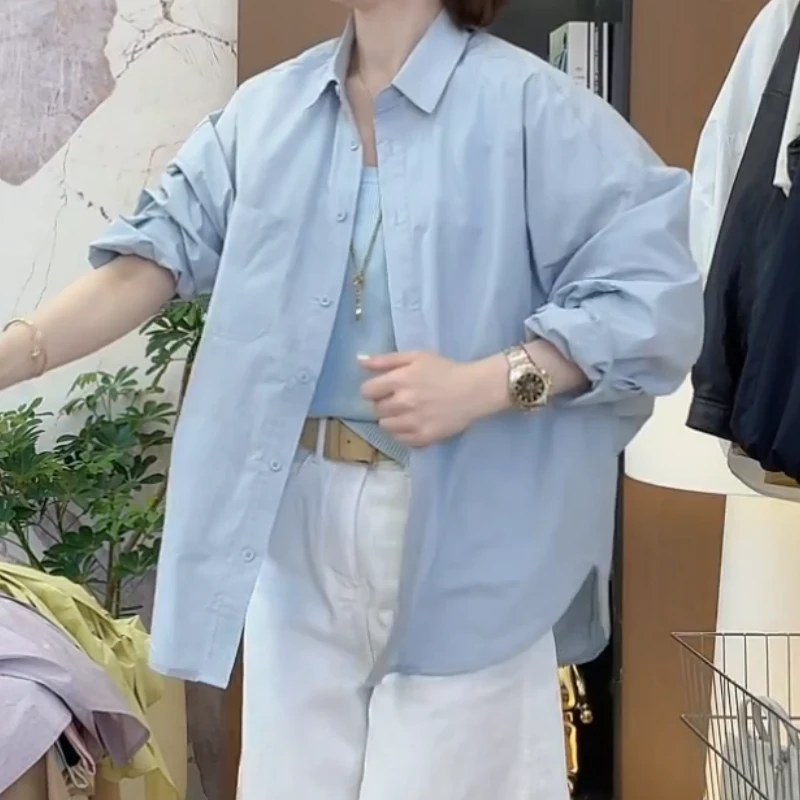 新款韩版百搭修身显瘦时尚纯色方领前短后长棉衬衫LK2502432