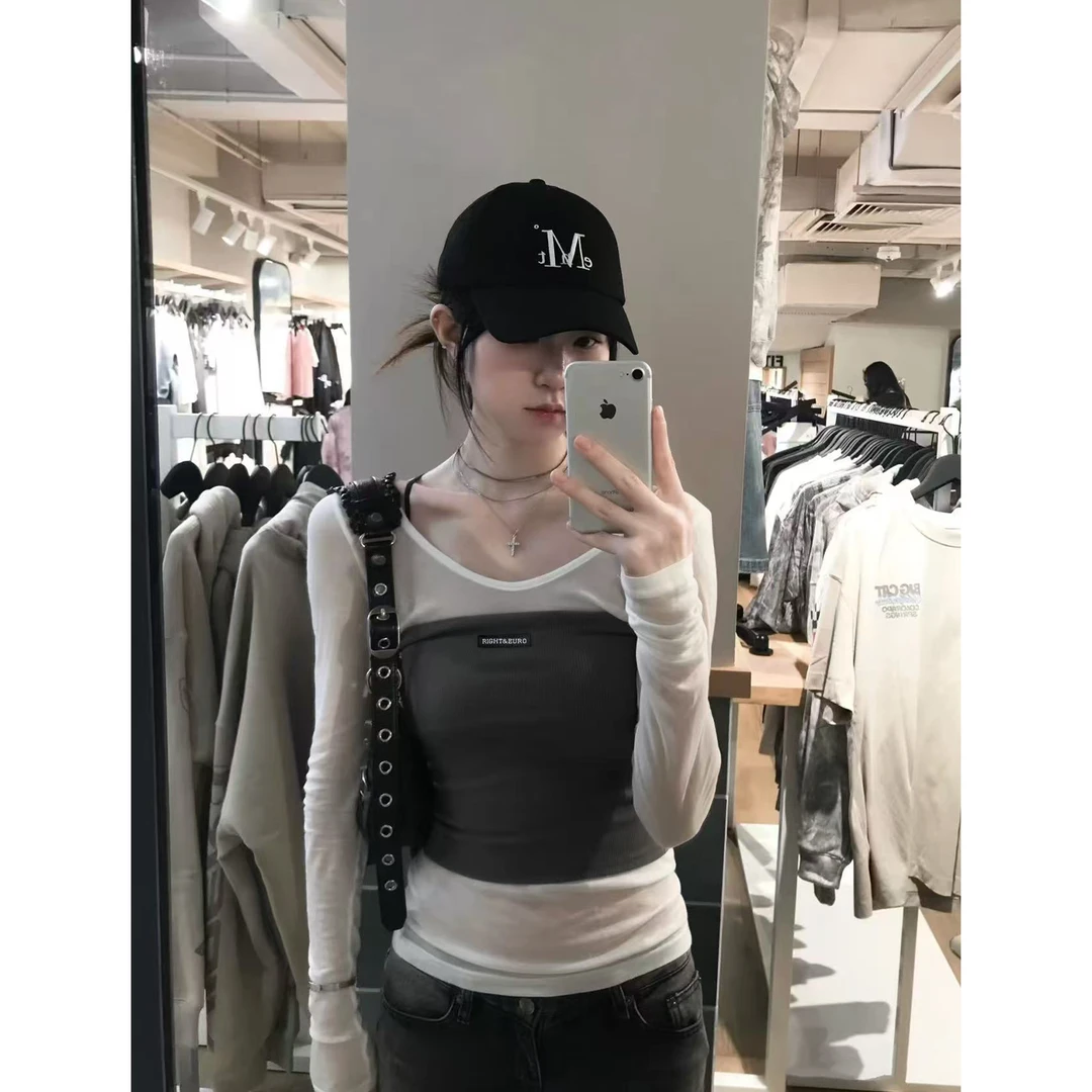 纯欲撞色修身假两件T恤女秋季新款薄款打底衫内搭长袖上衣Q 9474#