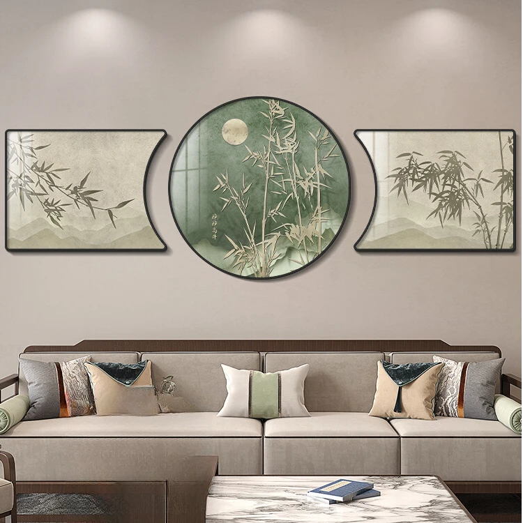 新中式节节高升客厅装饰画禅意沙发背景墙挂画茶室竹子大气三联画