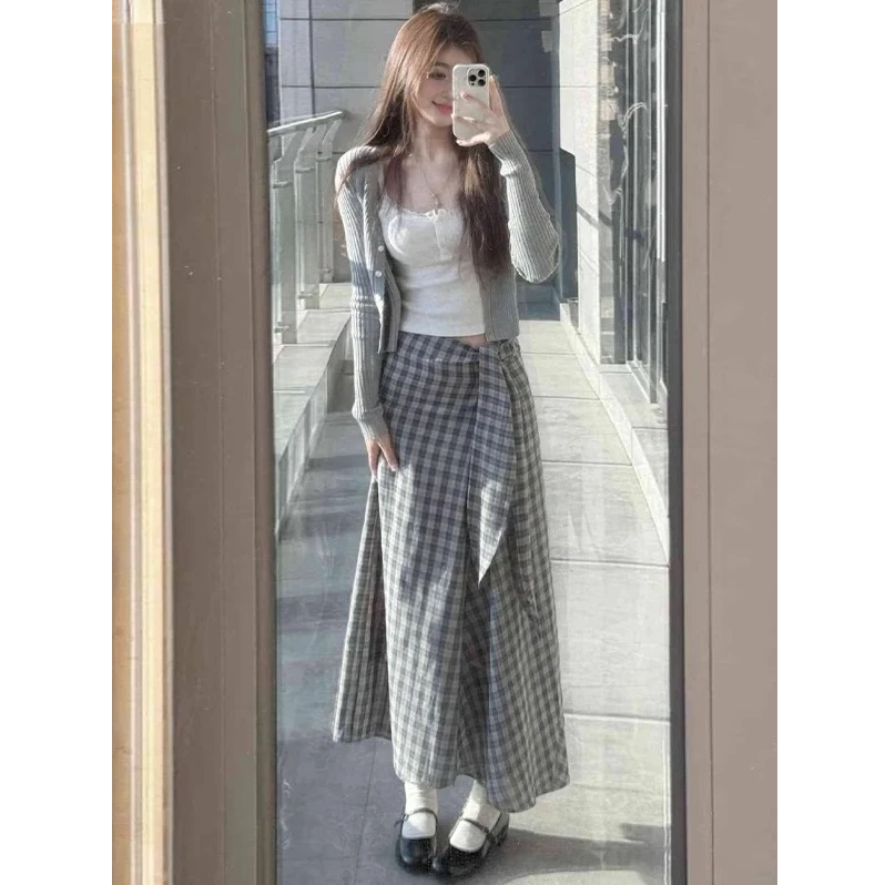 韩里韩气穿搭套装灰色长袖开衫吊带不规则半身裙三件套2025年夏季