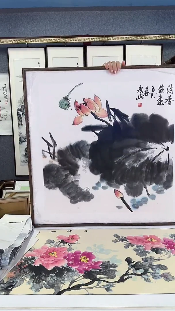国画实木装裱83*83 荷花