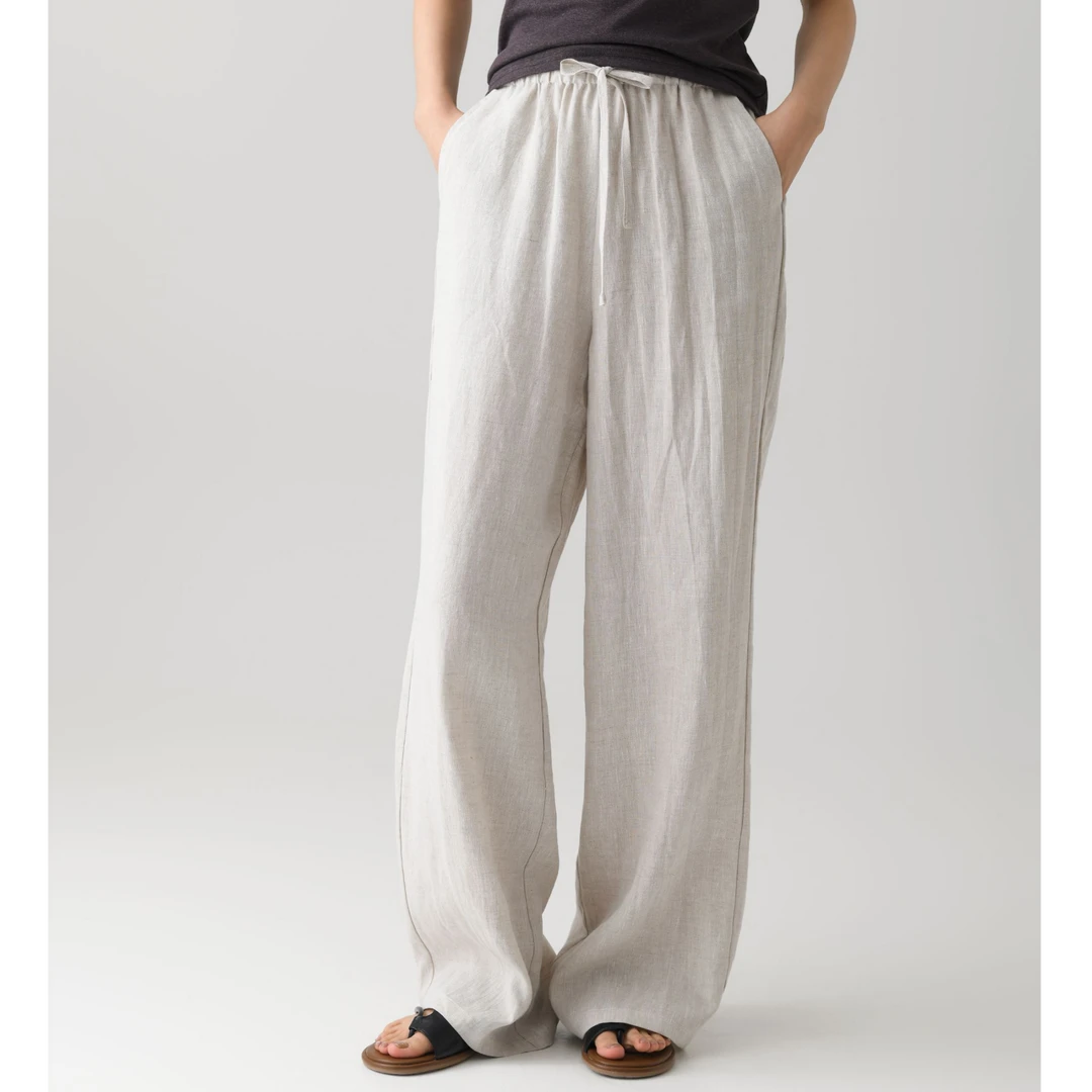 【100亚麻】“度假风”2025夏季纯色休闲阔腿裤女外穿垂感抽绳长裤307