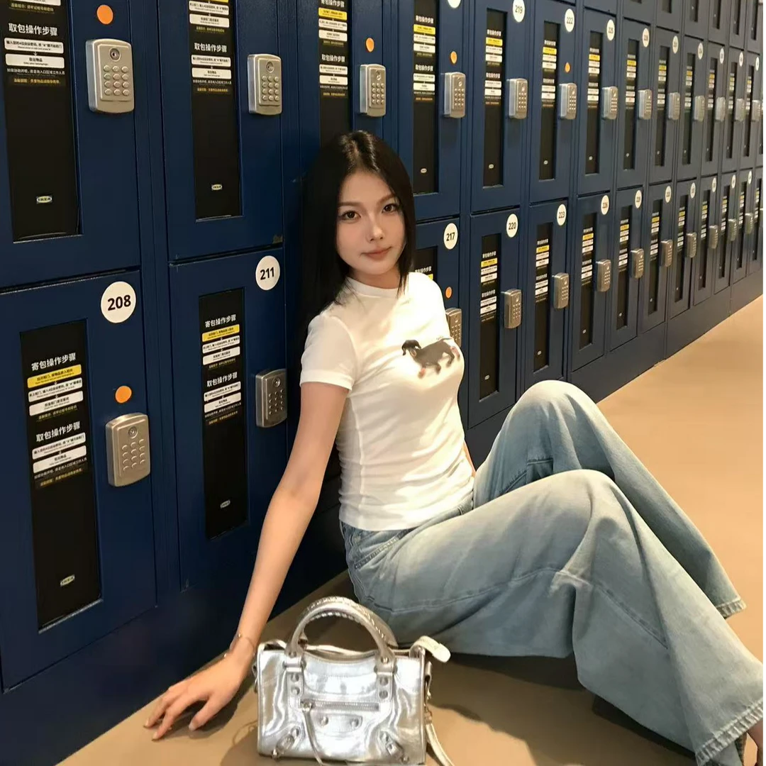 欧若 复古蓝设计感做旧水洗牛仔裤女时尚百搭显瘦阔腿裤DY1134