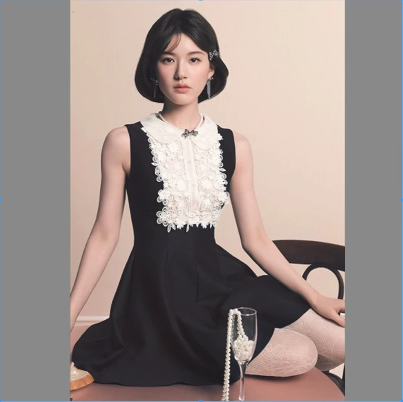 2025夏季新款赵露思同款黑裙气质小众蕾丝娃娃领连衣裙法式生日裙