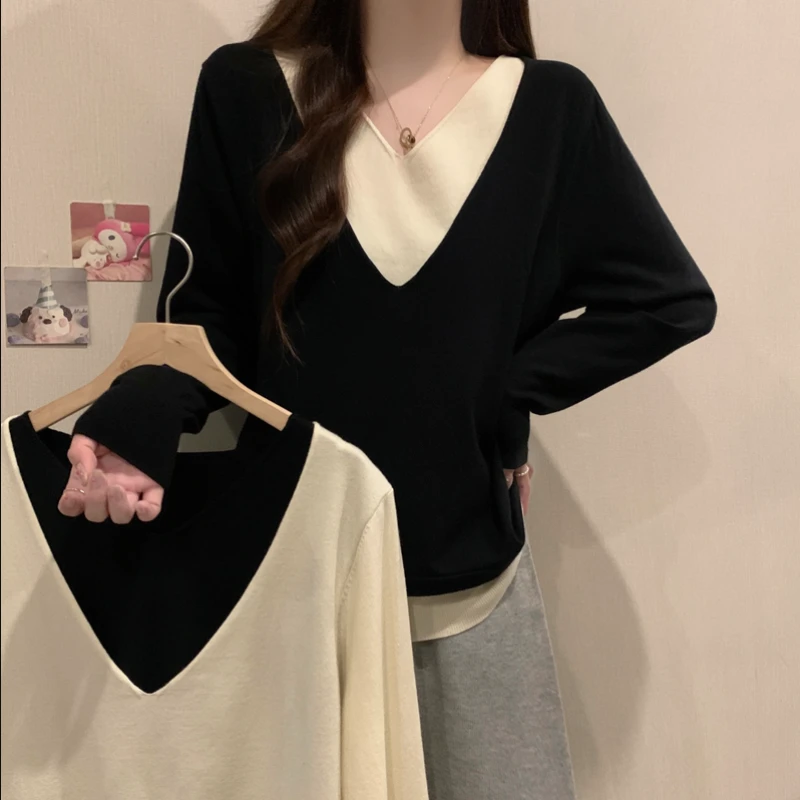 MZ119专享大码女装秋冬新款假两件针织衫胖妹妹宽松长袖毛衣上衣