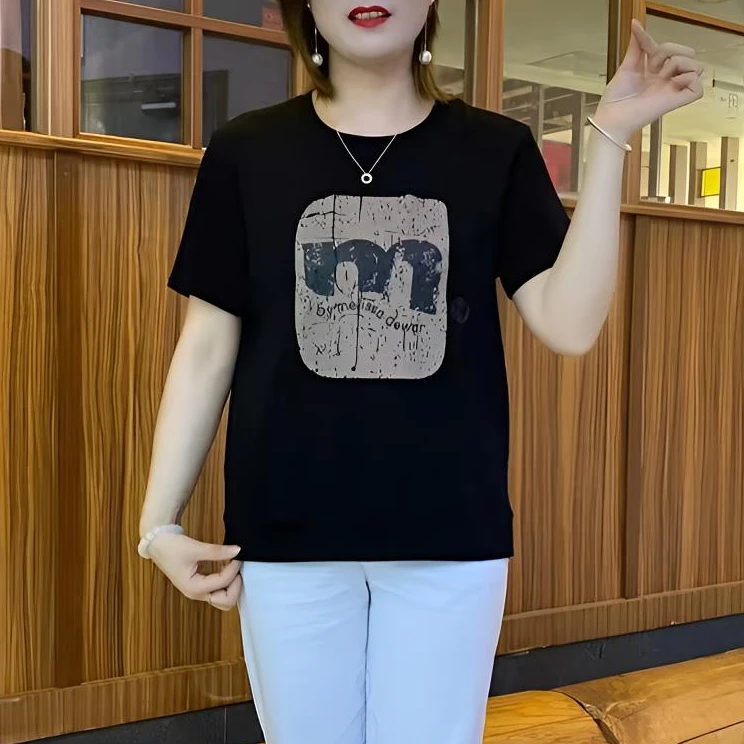中老年妈妈大码装夏装短袖T恤宽松显瘦透气气质夏季印花女士