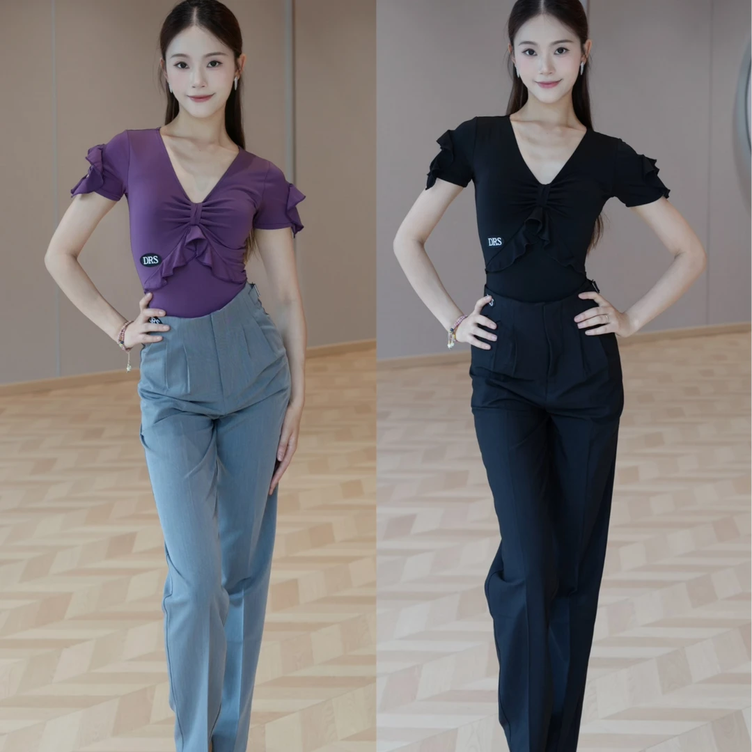 DRS夏日新款国标舞服花非袖日字针西裤时尚带抵扣百搭洋气舞蹈服