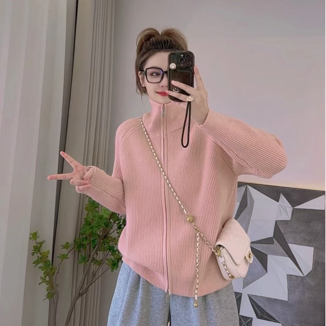 【升级加厚抗起球DA】双拉链高领休闲宽松简约保暖开衫毛衣长袖显瘦