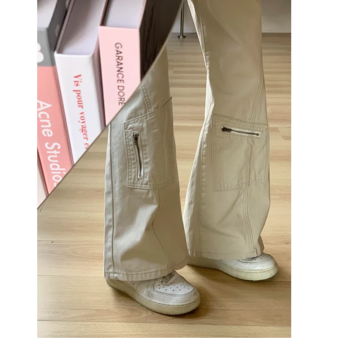 小个子美式设计感多口袋微喇工装牛仔裤女夏季新款高腰直筒阔腿裤