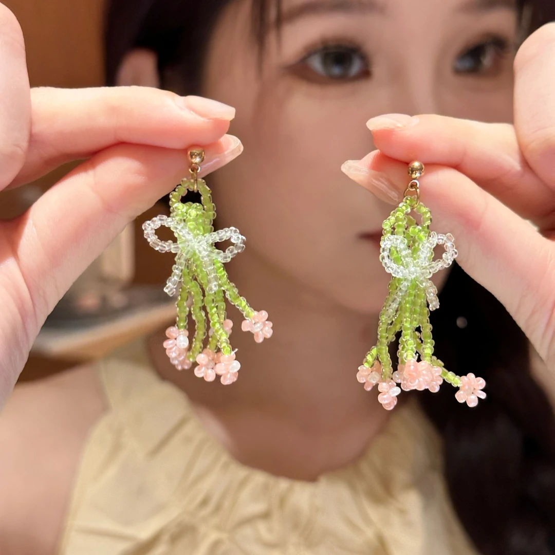 非金属树脂耳饰 花朵串珠流苏耳环女海边度假耳钉适合方圆脸耳饰