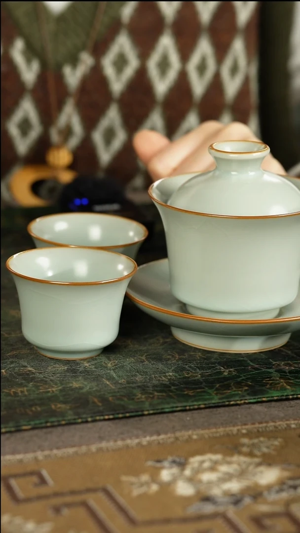 善窑厂汝窑天青一盖碗两杯套组礼盒装