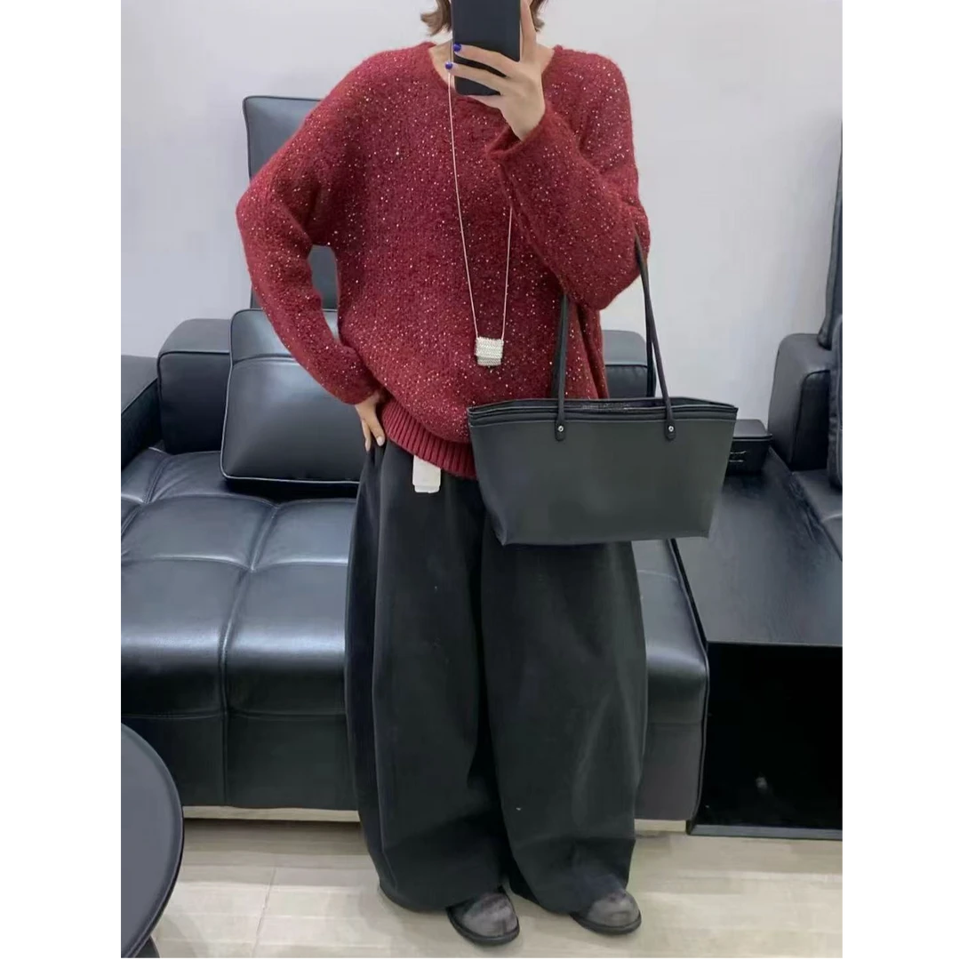 针织衫圆领长袖宽松版气质亮片混纺轻奢百搭套头毛衣女1495
