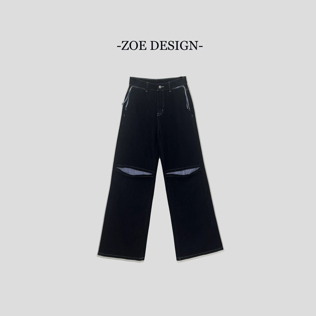 Zoe Studio 普洗拼接破口设计重工直筒牛仔裤 92803
