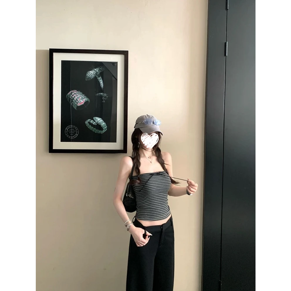 冰感美式复古拼色蝴蝶结绑抹胸设计感上衣网红洋气炸街女装80811