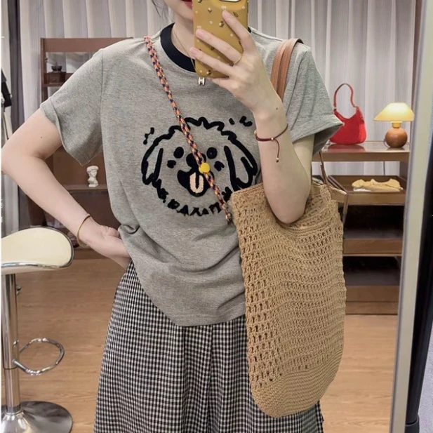 韩版时尚百搭正肩短袖T恤女2025夏季新款设计感圆领通勤显瘦上衣