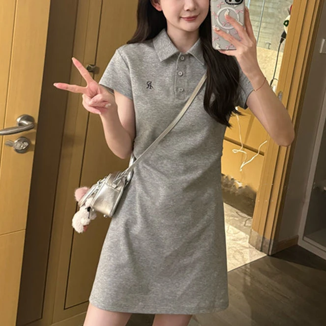 学院风Polo领连衣裙女夏季小个子收腰显瘦休闲洋气减龄T恤裙3065