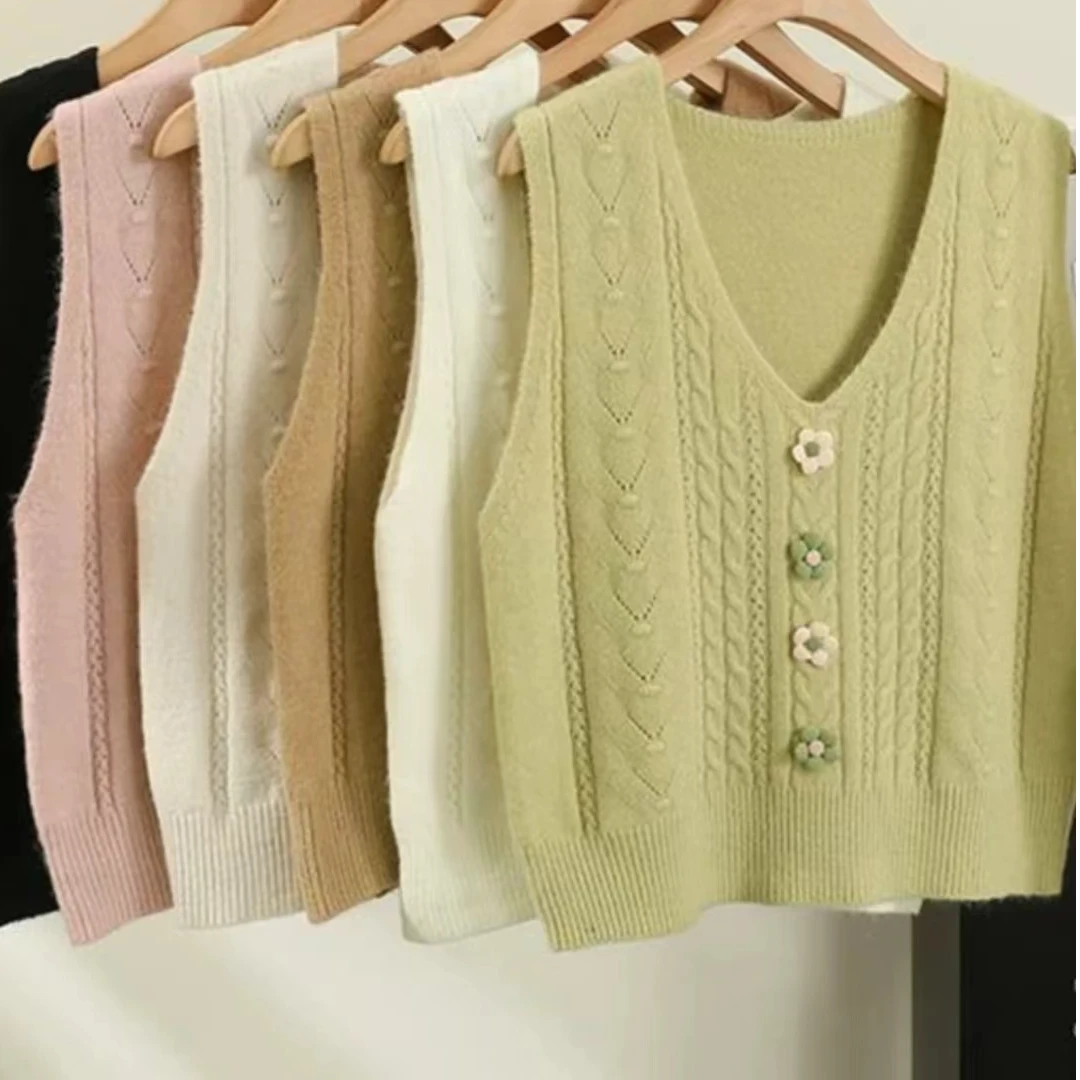 【艾萱萱】2107立体花针织衫宽松V领无袖马甲背心女55