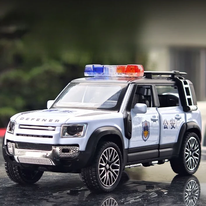 【白色警车-卫士】六开门 带灯光音效 长16厘米 回力模型彩盒