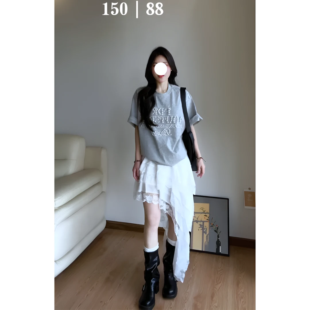 INS CEC甜酷辣妹钉珠短袖t恤蕾丝边多层甜美不规则半身裙套装