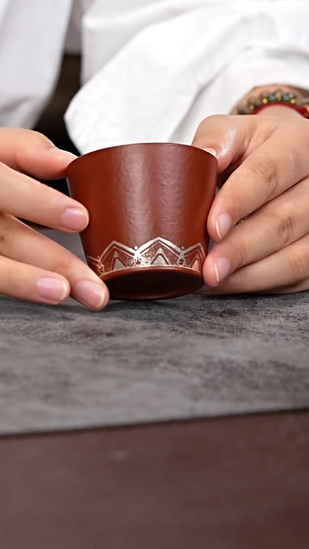茶杯紫砂朱泥 银纹样 清舒