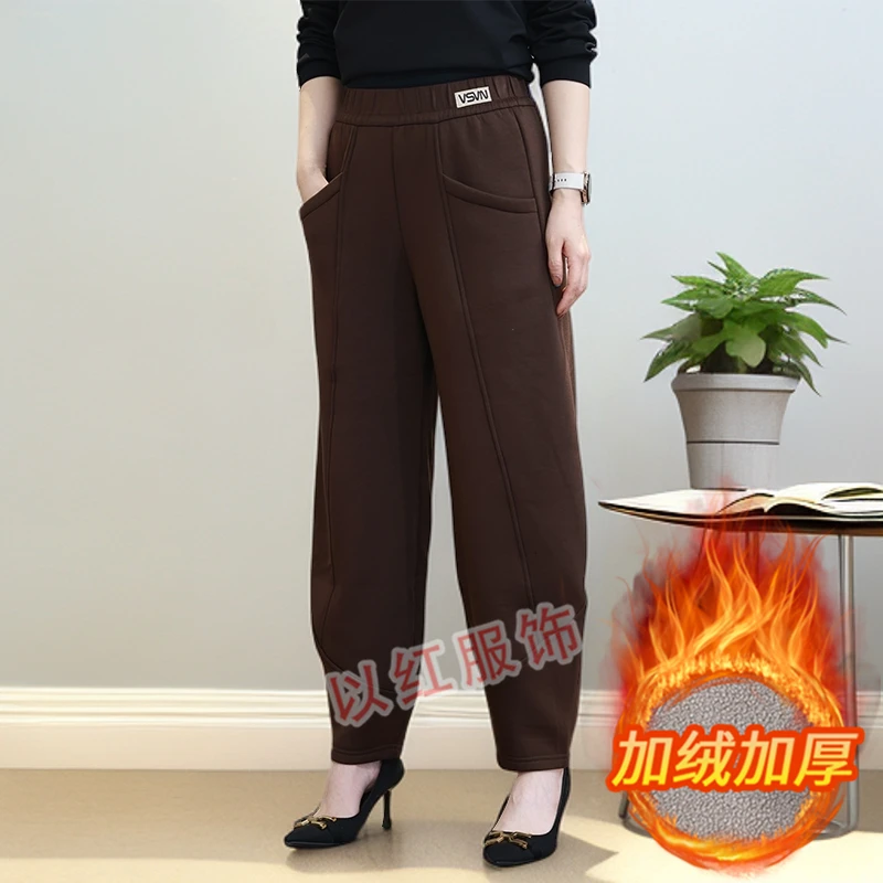 秋冬加绒加厚休闲裤中年女裤百搭洋气哈伦裤保暖高腰弹力裤子
