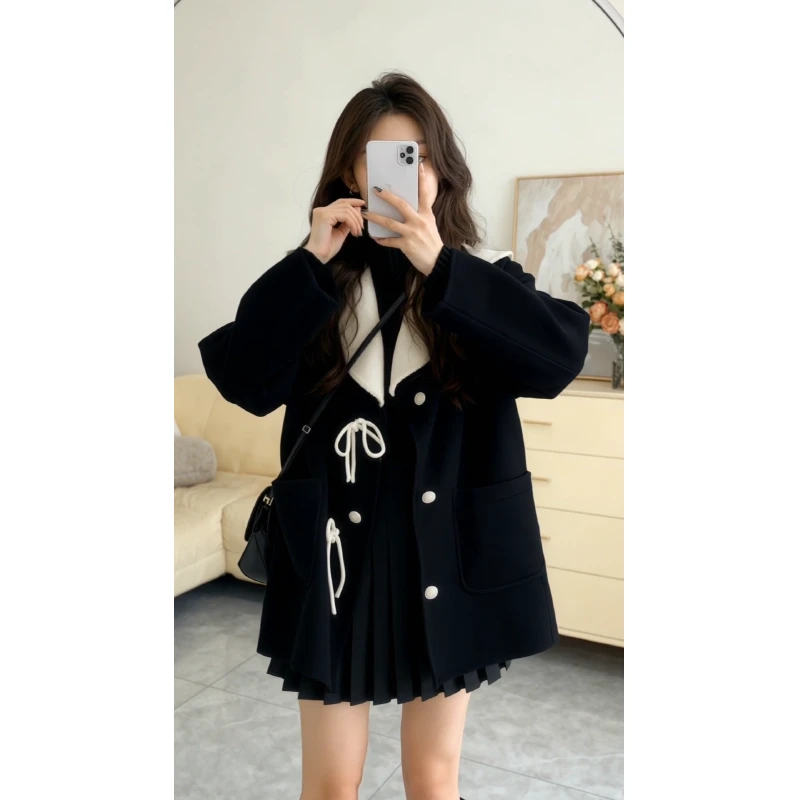 高级感巨好看2025毛羔领毛呢外套女蝴蝶结双面呢子富家千金大衣