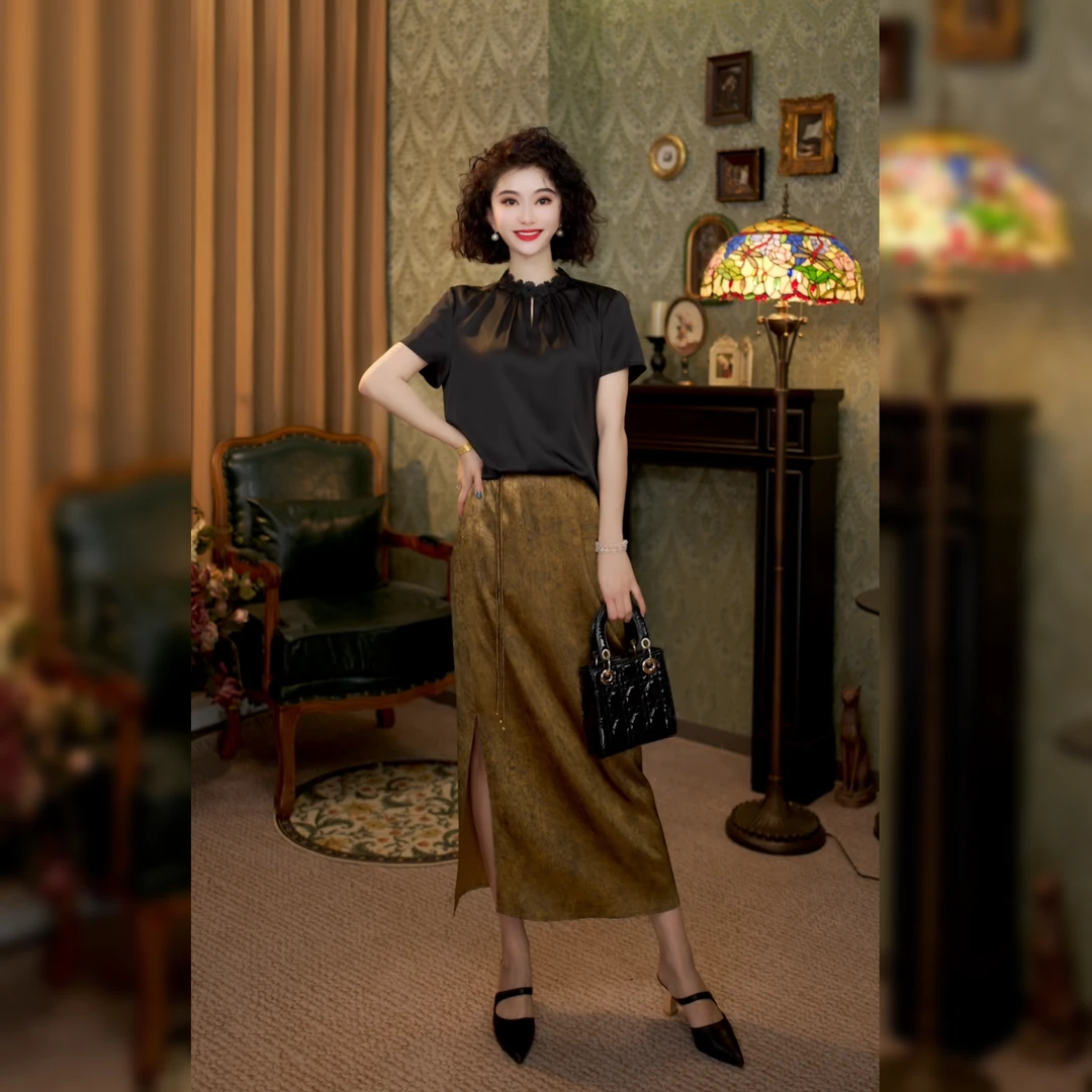 【醋酸莨斑金陵裙】秋冬新中式国风醋酸金色半裙F9118-2