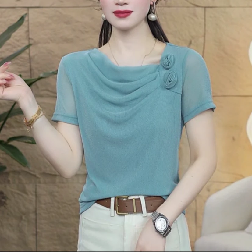 夏季新款网纱上衣气质百搭显瘦减龄设感两朵花纯色短袖时髦小衫