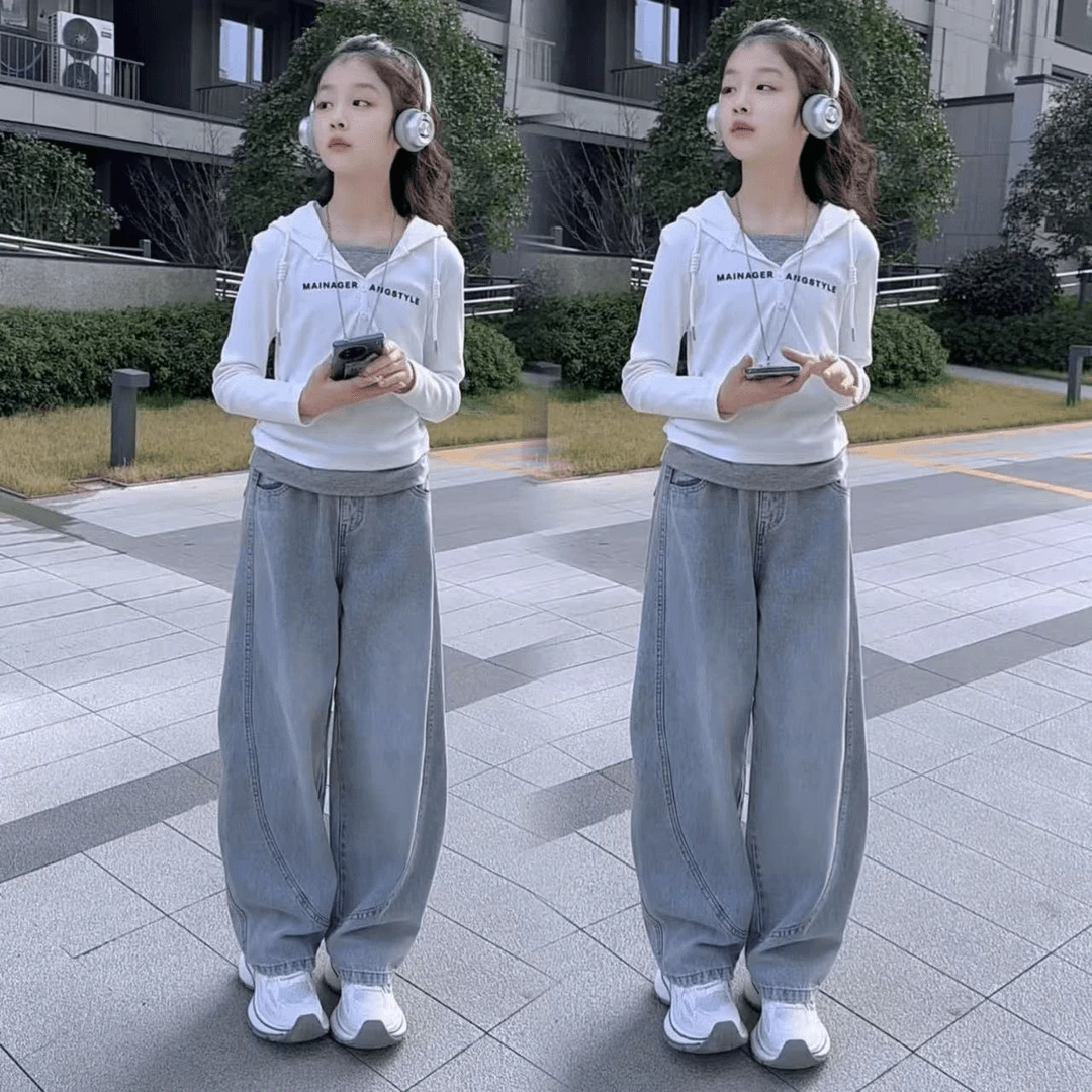 女童套装2025春季新款百搭帽衫时尚中大童洋派牛仔弯刀裤子两件套