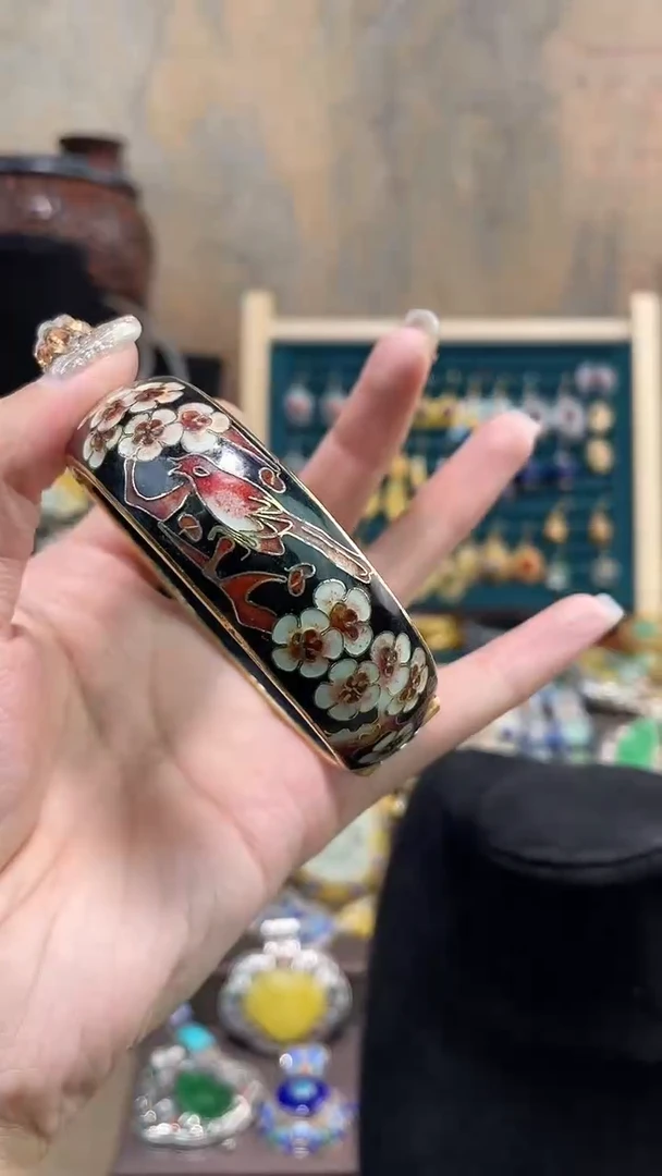 非遗手工景泰蓝开口银蓝镯子黑色