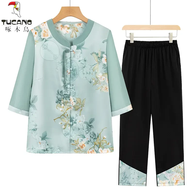 啄木鸟中老年人夏装女妈妈新中式国风套装奶奶装上衣服夏季妈妈装