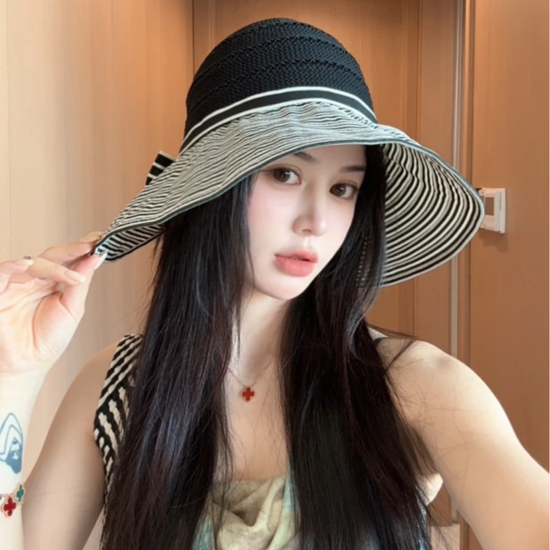 百搭条纹遮阳帽夏季大帽檐编织空顶帽子女