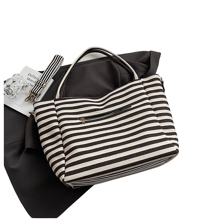 双根单肩包托特包条纹大包包短途学生文艺风敞口百搭简约轻便