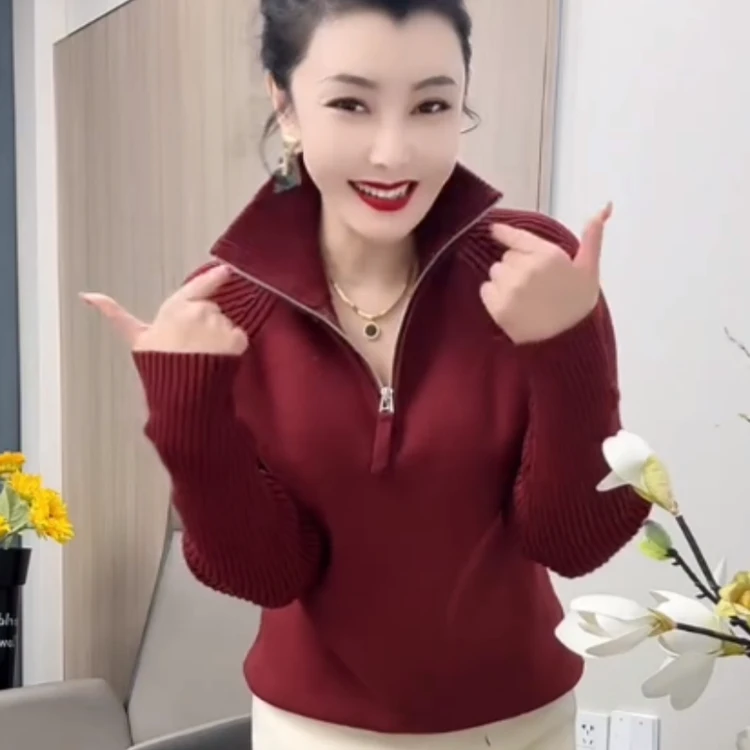 2025秋冬新款半拉链高级感显瘦百搭打底针织衫女时尚立领洋气上衣