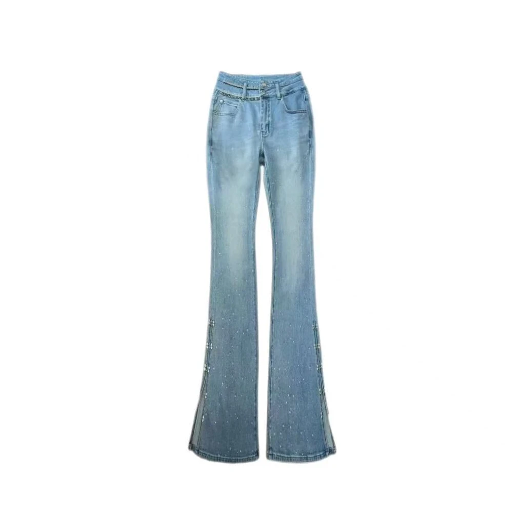 【浪漫剧场】春款重工轻奢烫钻高腰微喇裤时尚显瘦弹力休闲牛仔裤