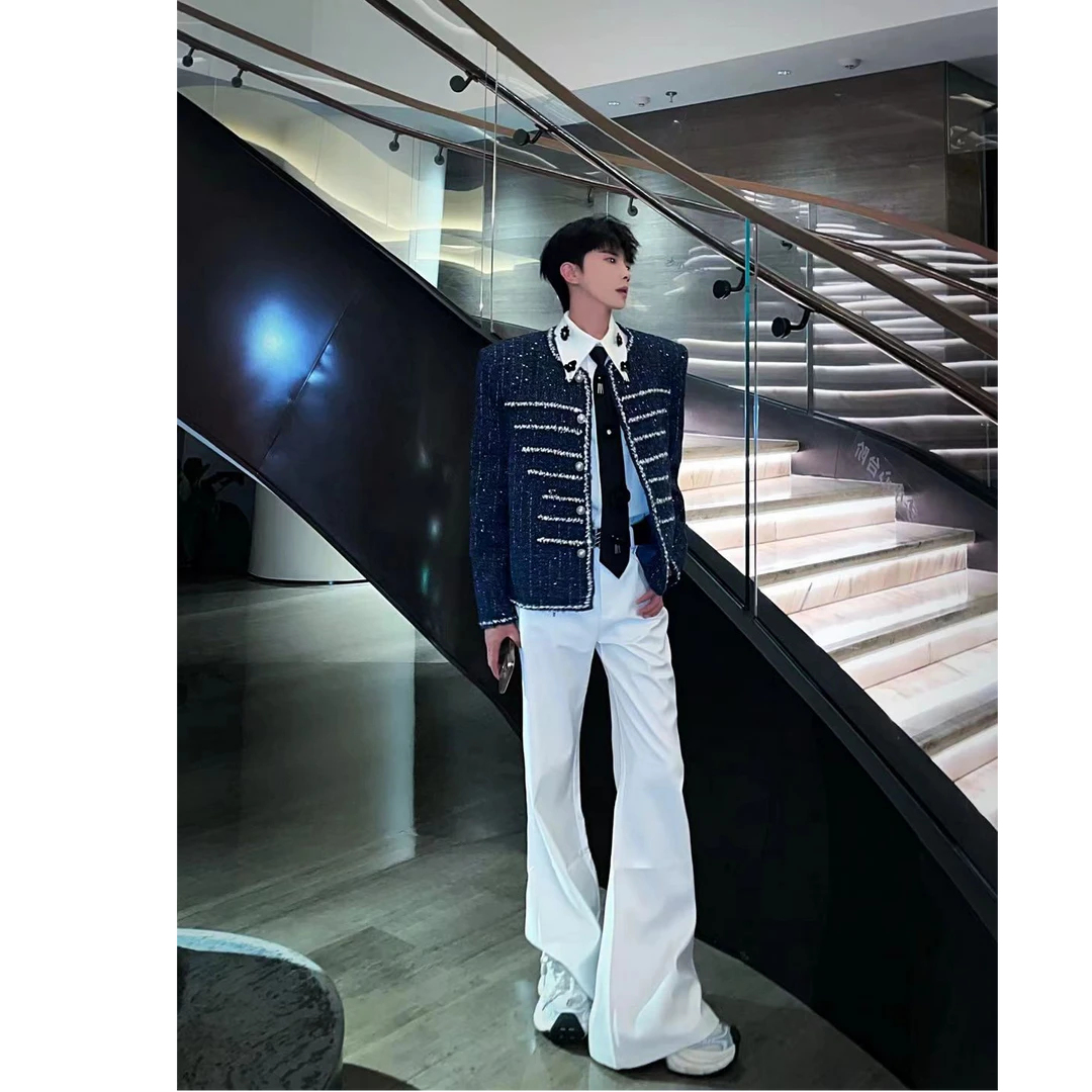 高级感小香风短款外套套装男小众亮片设计感宫廷风撞色拼接外套潮