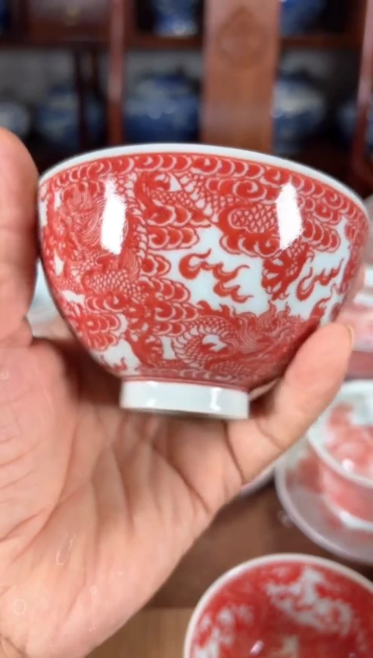 柴窑釉里红九龙鸡心杯杯