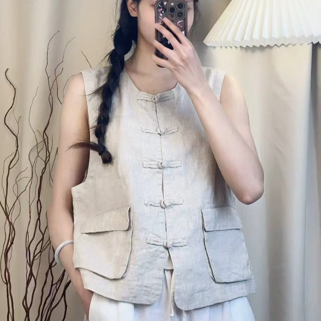 【麻熙】韩版新中式亚麻盘扣纯色马甲上衣宽松百搭复古气质新中式款