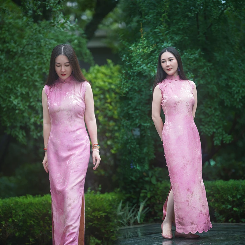 月下微凉25718店庆款桃花酿真丝花瓣襟无袖旗袍