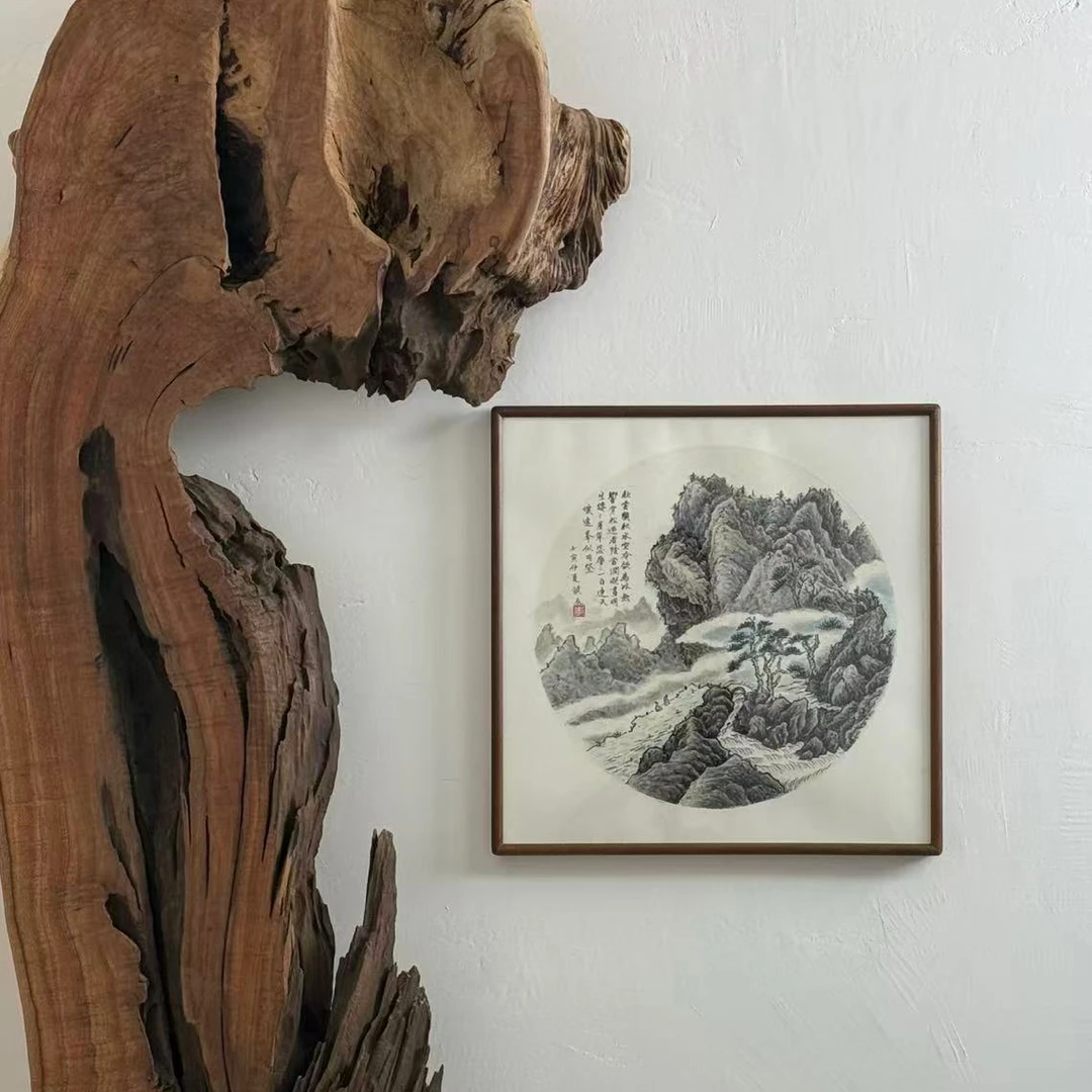 国画仿古山水三尺斗方纯手绘实木装裱胡桃木家居挂画