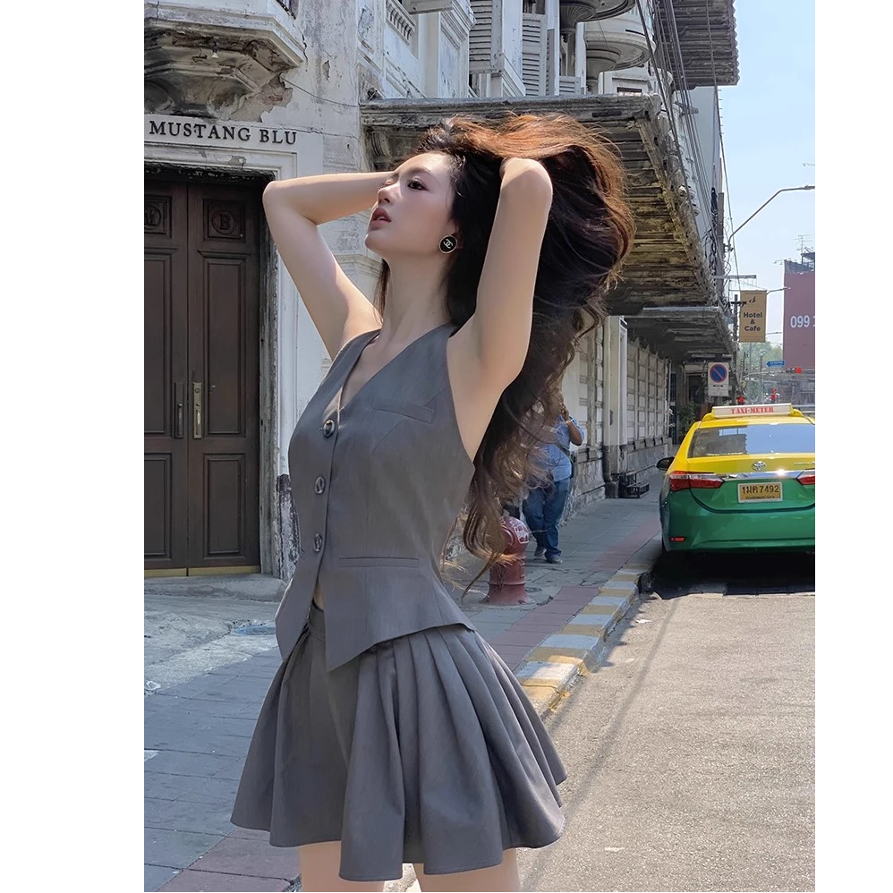 小丽83格雷少女春夏新款灰色背心吊带时尚套装两件套连衣裙