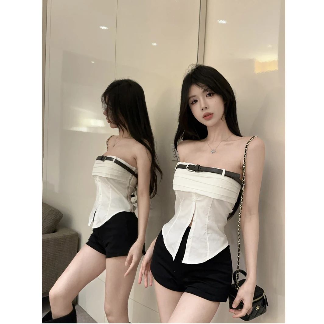 设计感小众甜酷辣妹开叉短款抹胸上衣百搭黑色短裤